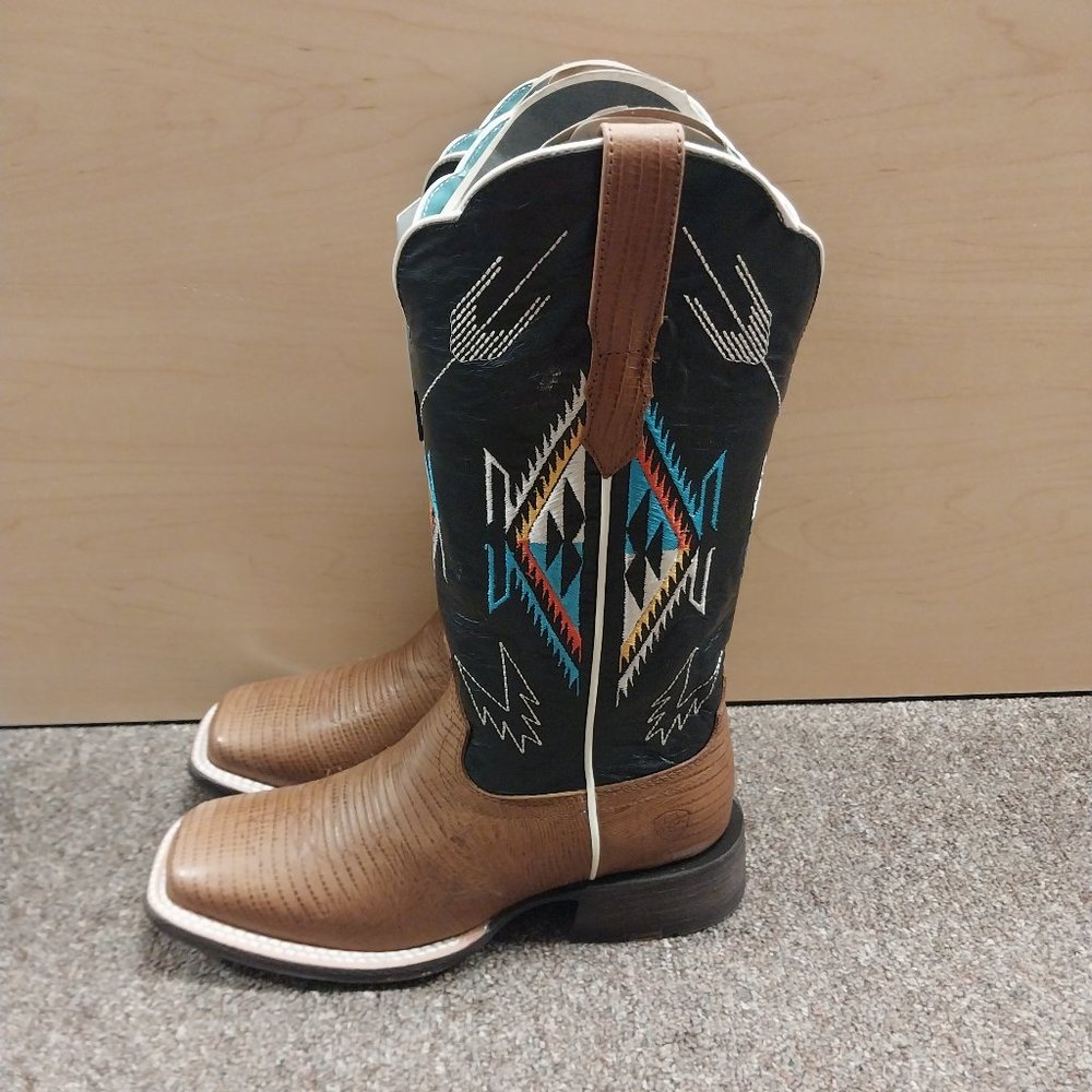 Ariat Brown and Black Western Heeled Boots with Turquoise & Red Stitching